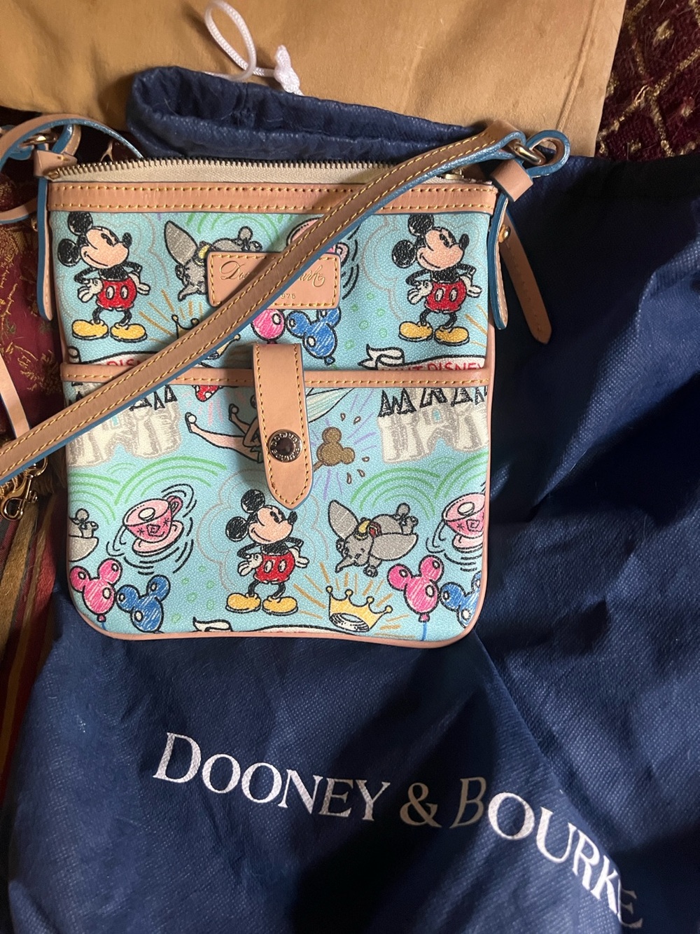 Dooney & Bourke Light Blue Mickey Mouse Crossbody with Tan Trim